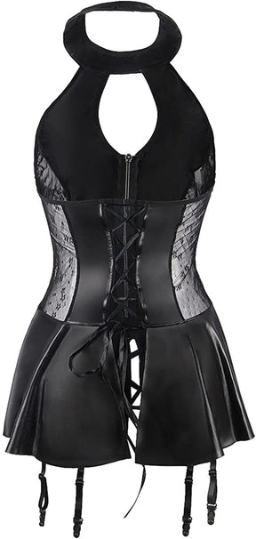 "Plus Size Faux Leather Lace Stitching Zipper Teddy in Black - Elegant Clubwear for Parties"