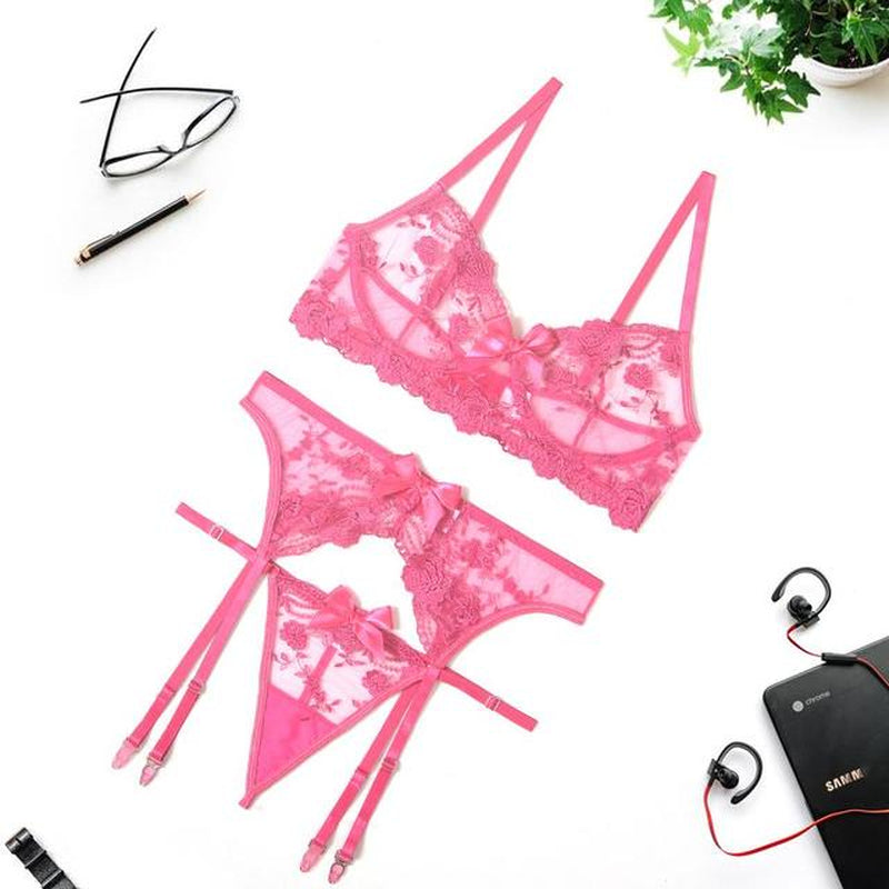Elegant Lace Embroidered Push-Up Bra Set with Garters and Thong - Exquisite Transparent Lingerie Set for Women