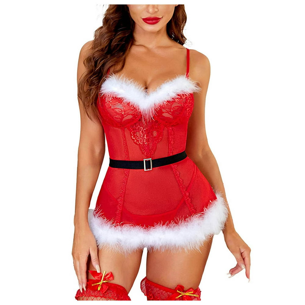 Christmas Lingerie for Women,Women Santa Lingerie Set Chemise Sleepwear Red,Xl