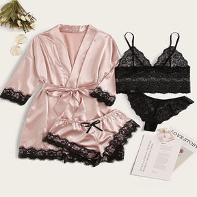 Sexy Lingerie,  Silk Satin Pajamas for Women, Womens Summer Pajamas Pjs Sets of 4 Pcs with Floral Lace Top Shorts and Robe, Gift for Women, Pink, L