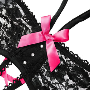 Women's Black Lace Garter Belt with Halter and Fishnet Stocking - Elegant Lingerie