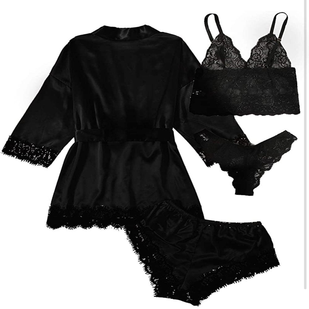 Sexy Lingerie,  Silk Satin Pajamas for Women, Womens Summer Pajamas Pjs Sets of 4 Pcs with Floral Lace Top Shorts and Robe, Gift for Women, Black, L